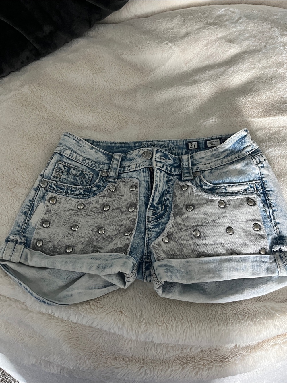 Miss Me Light Blue Studded Denim Shorts